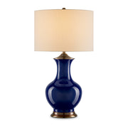 Lilou Navy – porcelanowa lampa stołowa granat, mosiężne detale i shantung