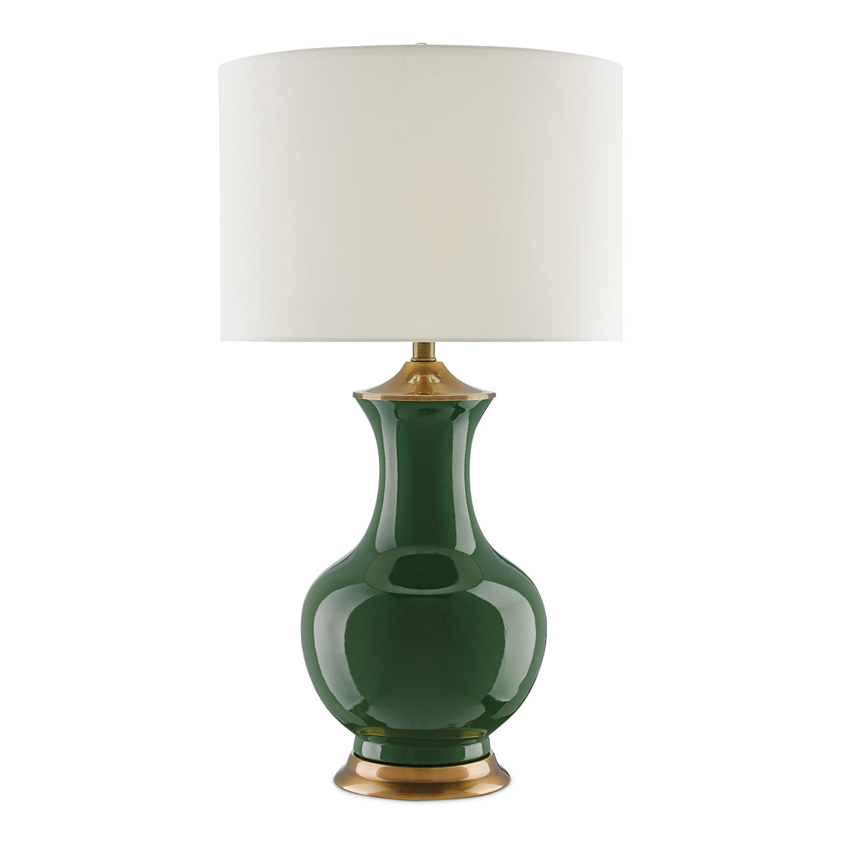 Lilou Emerald – porcelanowa lampa stołowa butelkowa zieleń, mosiężne detale i shantung