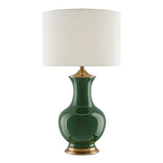 Lilou Emerald – porcelanowa lampa stołowa butelkowa zieleń, mosiężne detale i shantung