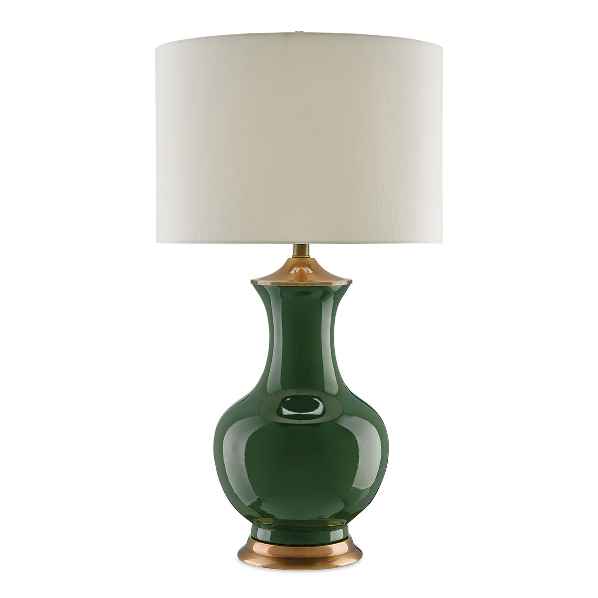 Lilou Emerald – porcelanowa lampa stołowa butelkowa zieleń, mosiężne detale i shantung