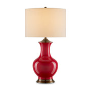 Lilou Red – porcelanowa lampa stołowa czerwień, mosiężne detale i shantung
