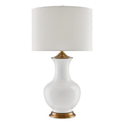 Lilou White – porcelanowa lampa stołowa biel, mosiężne detale i shantung