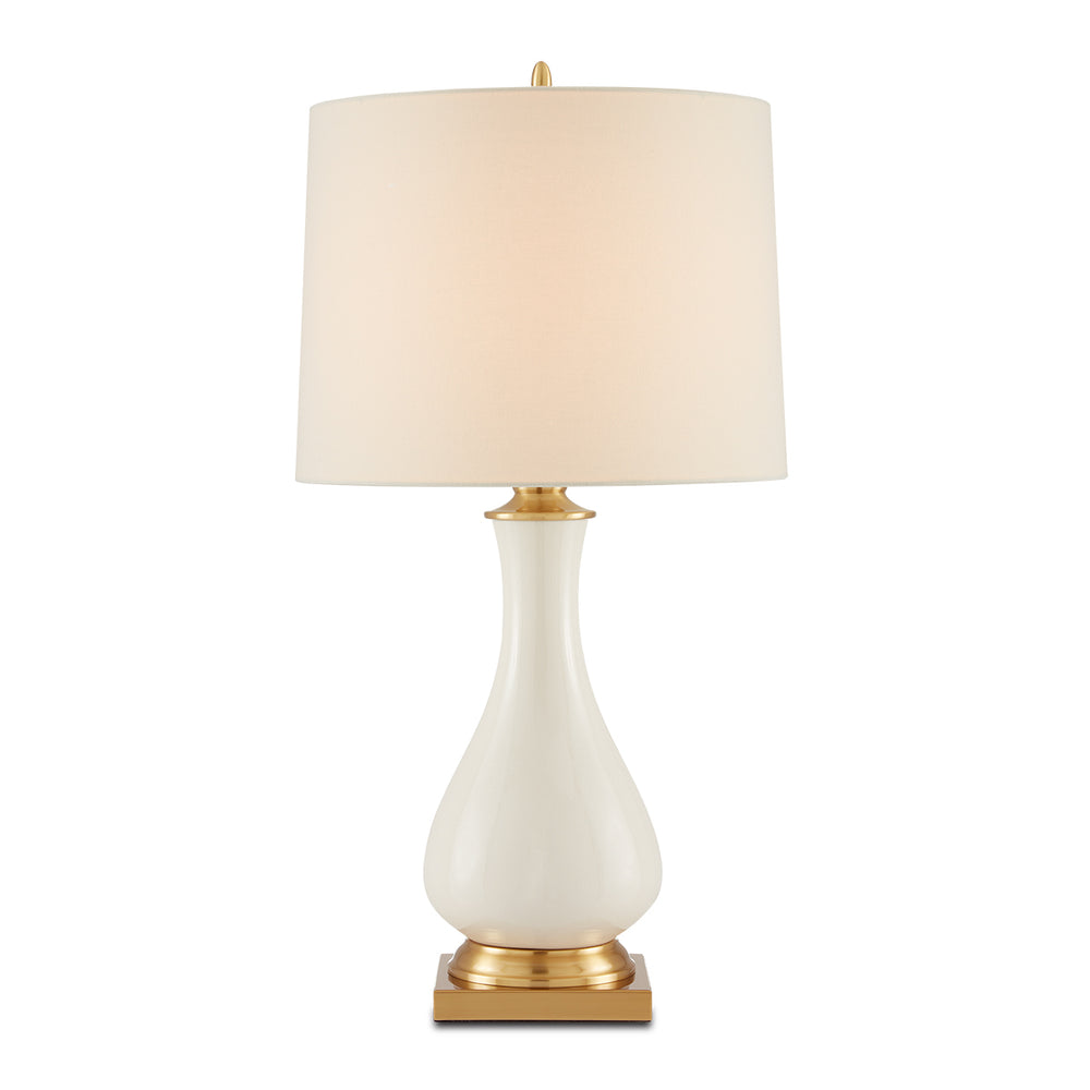 Lynton Cream – ceramiczna lampa stołowa kremowy połysk, mosiężne detale i len