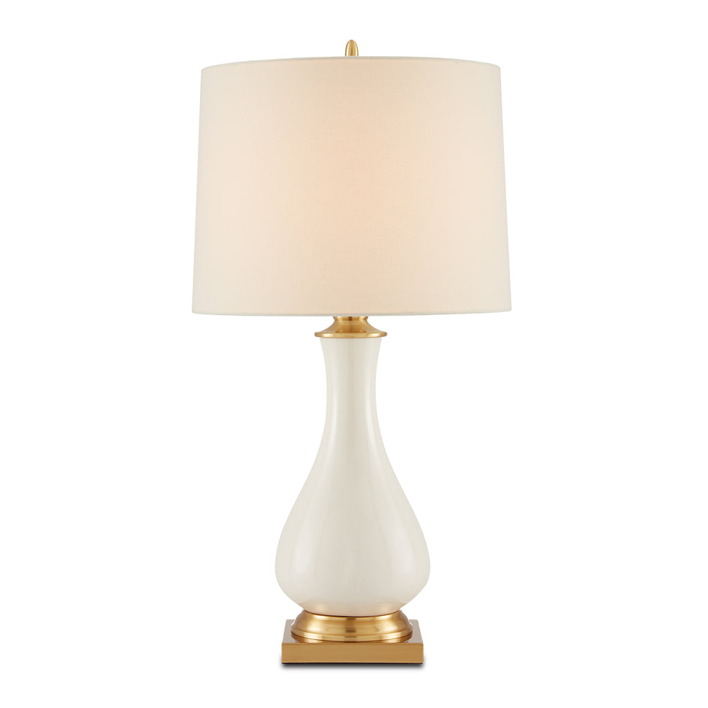 Lynton Cream – ceramiczna lampa stołowa kremowy połysk, mosiężne detale i len