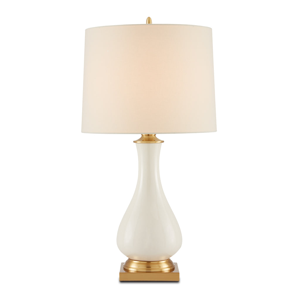 Lynton Cream – ceramiczna lampa stołowa kremowy połysk, mosiężne detale i len
