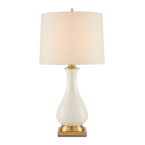 Lynton Cream – ceramiczna lampa stołowa kremowy połysk, mosiężne detale i len