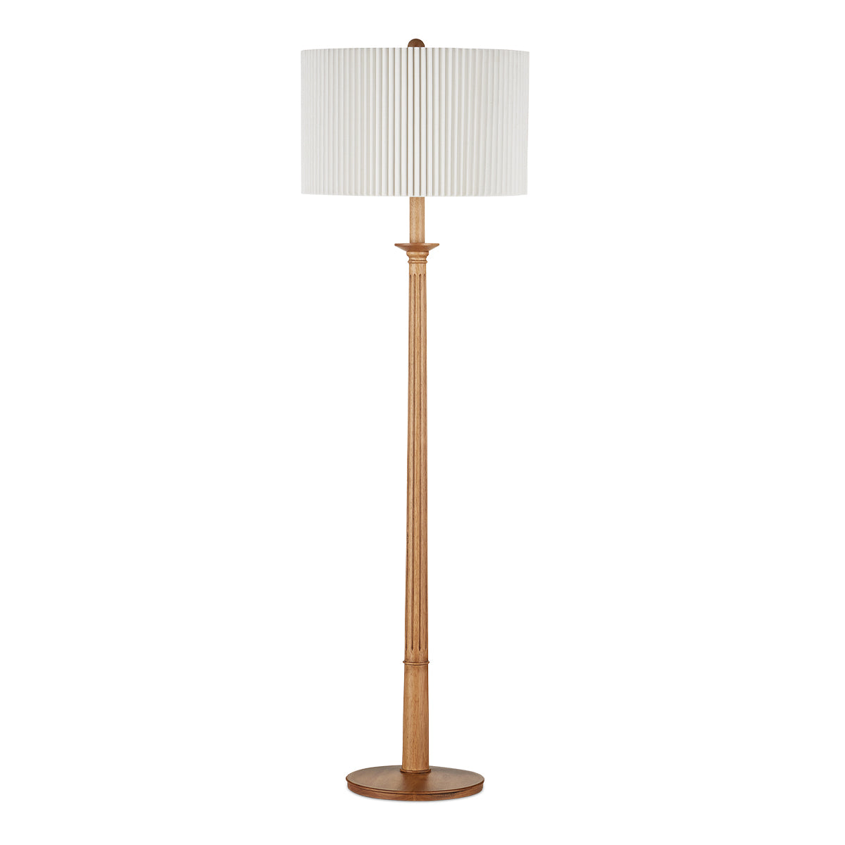 Mitford Floor – lampa podłogowa z toczonego drewna, plisowany len