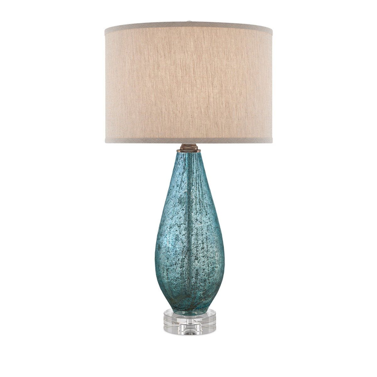 Optimist Blue – lampa stołowa z nakrapianego szkła błękit, kryształowa baza i len