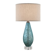 Optimist Blue – lampa stołowa z nakrapianego szkła błękit, kryształowa baza i len