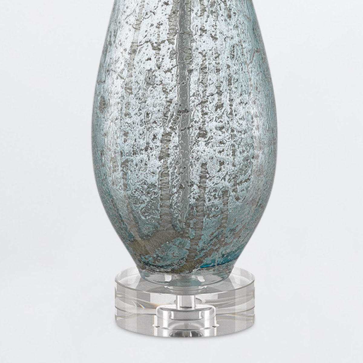 Optimist Blue – lampa stołowa z nakrapianego szkła błękit, kryształowa baza i len