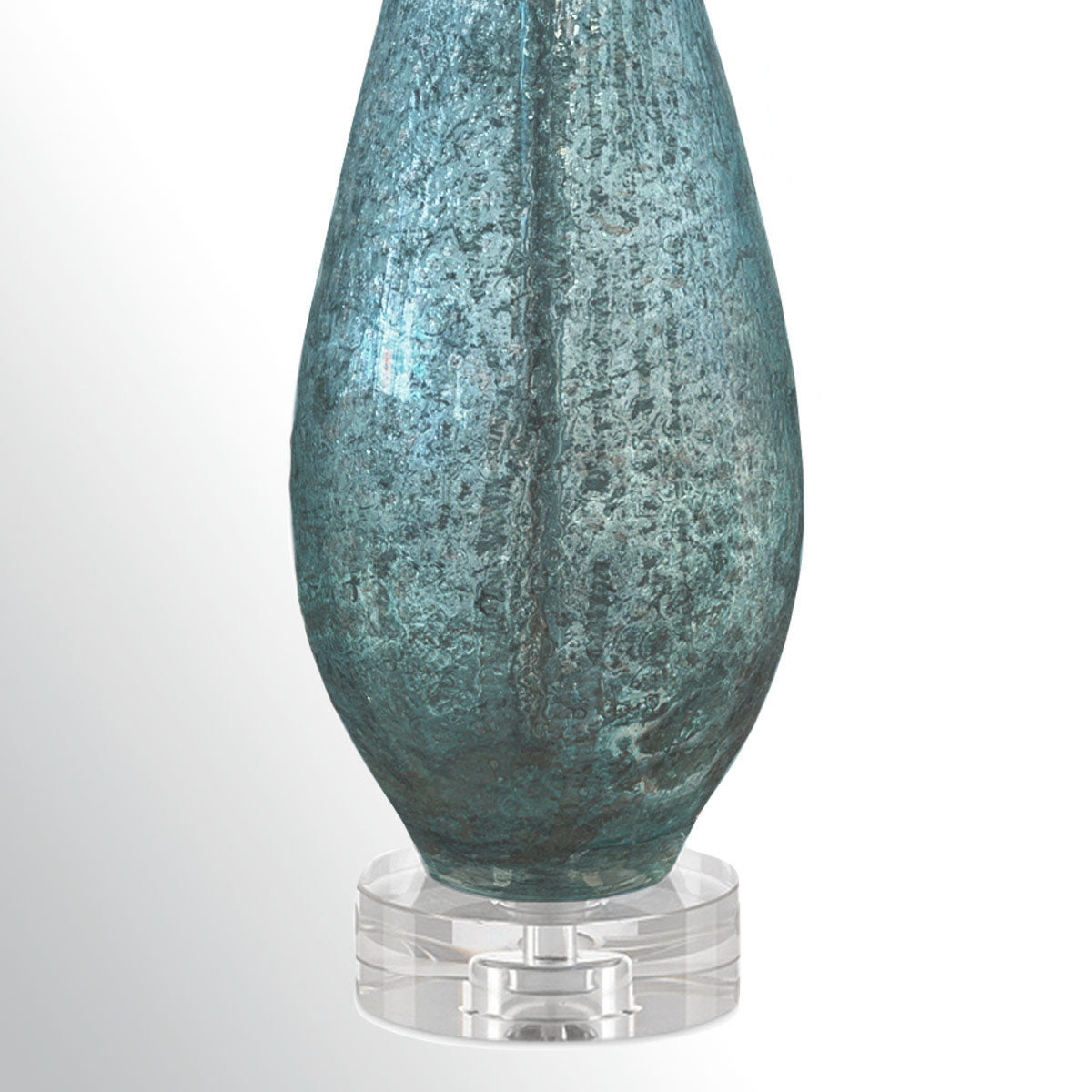 Optimist Blue – lampa stołowa z nakrapianego szkła błękit, kryształowa baza i len