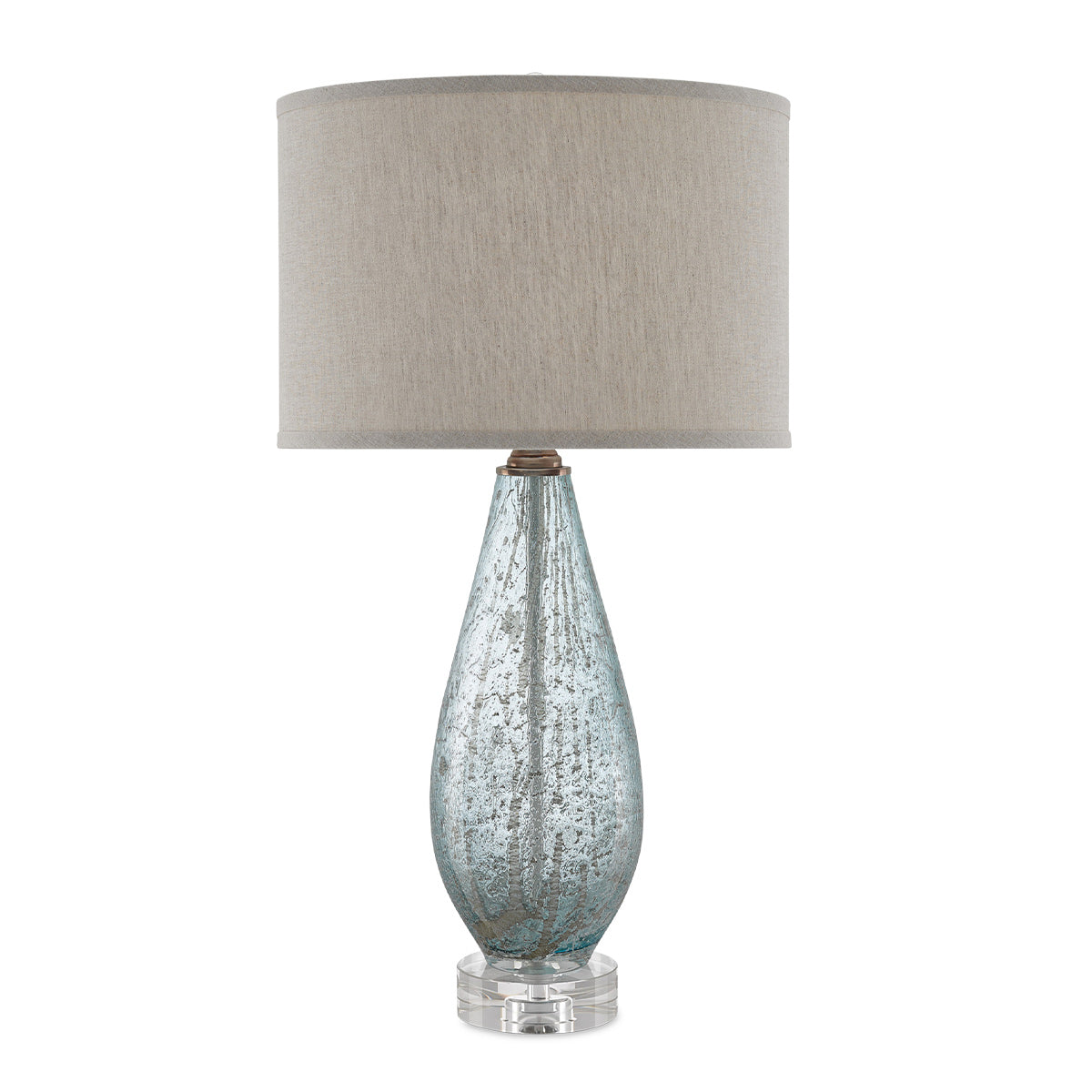 Optimist Blue – lampa stołowa z nakrapianego szkła błękit, kryształowa baza i len