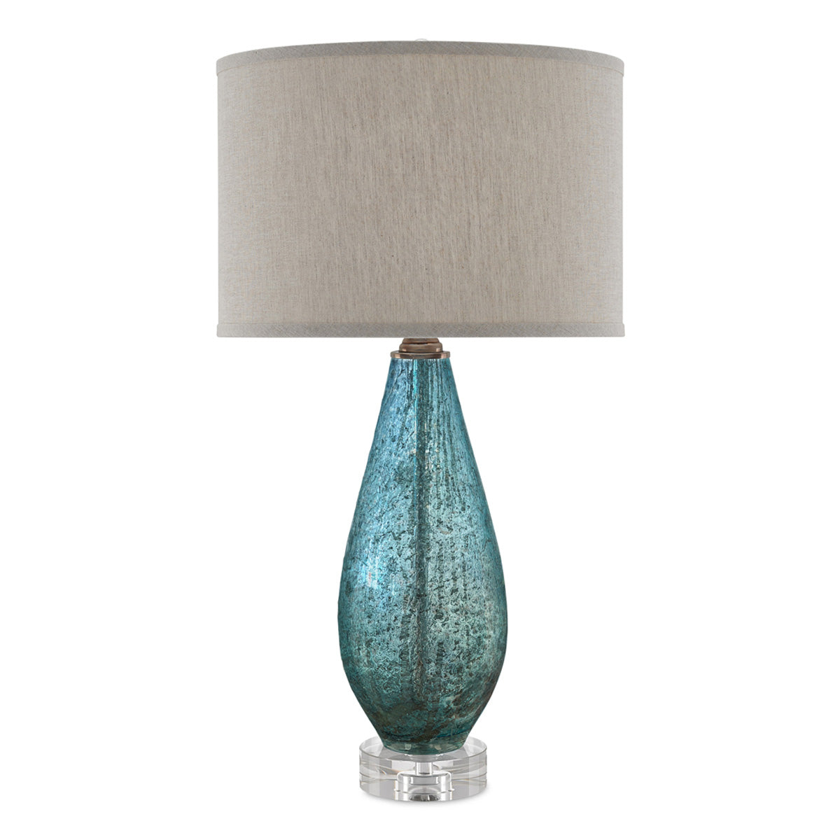 Optimist Blue – lampa stołowa z nakrapianego szkła błękit, kryształowa baza i len