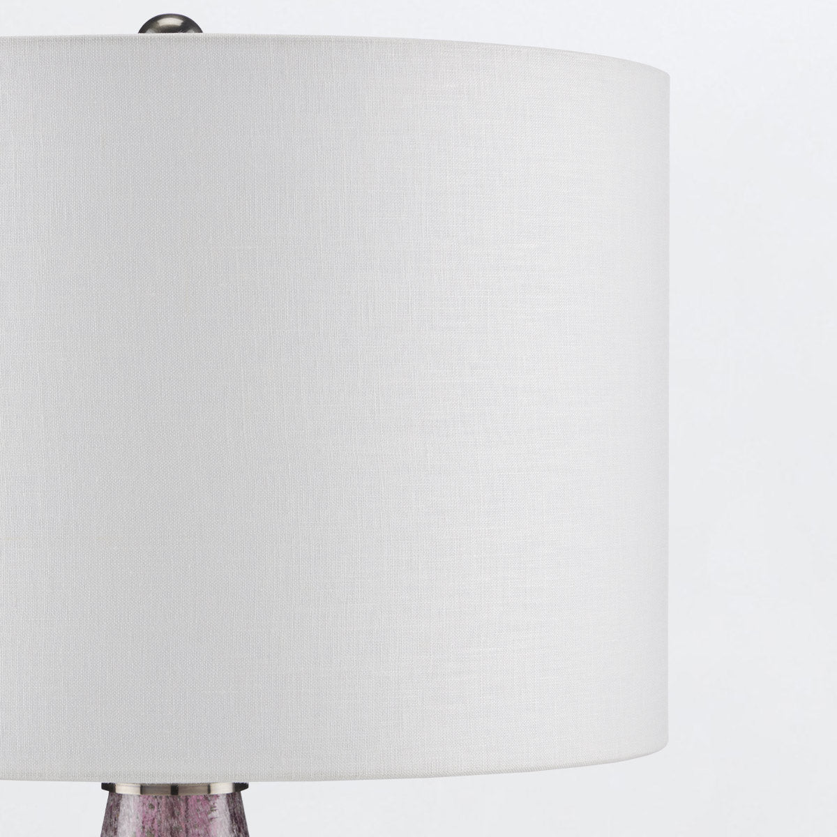 Optimist Amethyst – lampa stołowa z nakrapianego szkła fiolet, kryształowa baza i len