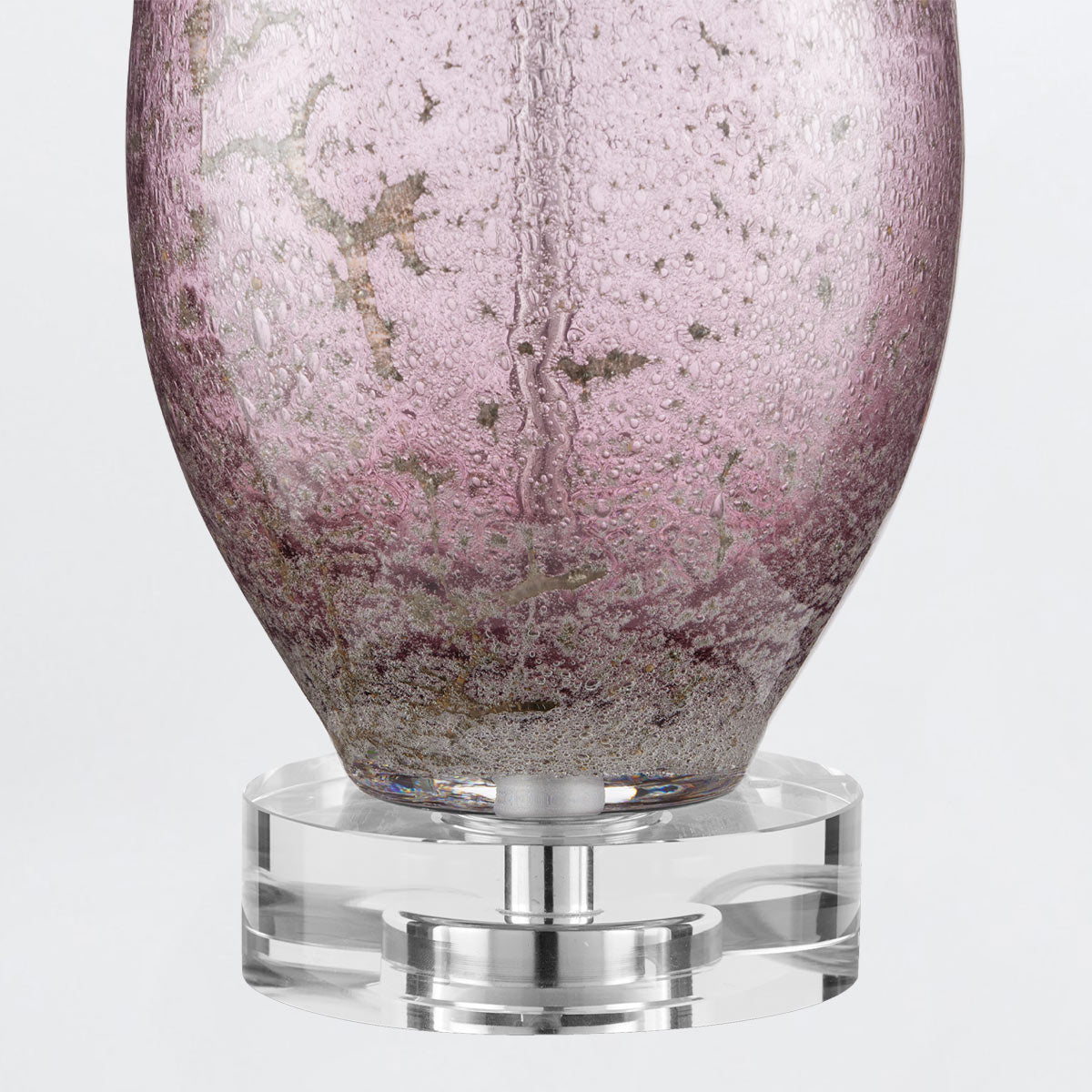 Optimist Amethyst – lampa stołowa z nakrapianego szkła fiolet, kryształowa baza i len