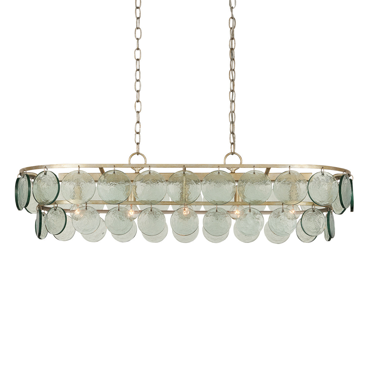 Settat – owalny żyrandol wykończony płatkowym srebrem, szklane dyski