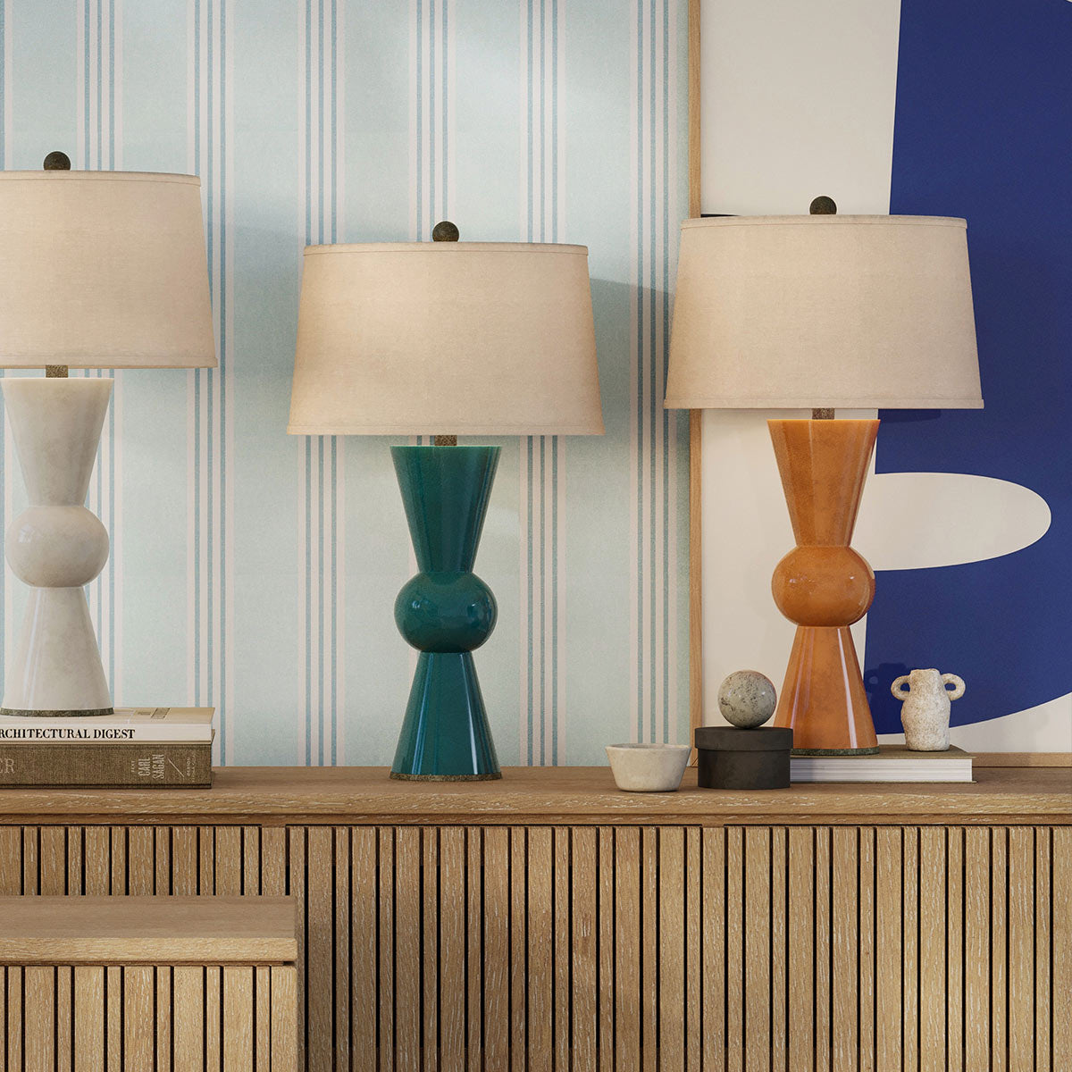 Upbeat Orange – ceramiczna lampa stołowa z lnianym abażurem, kute żelazo i pomarańcz