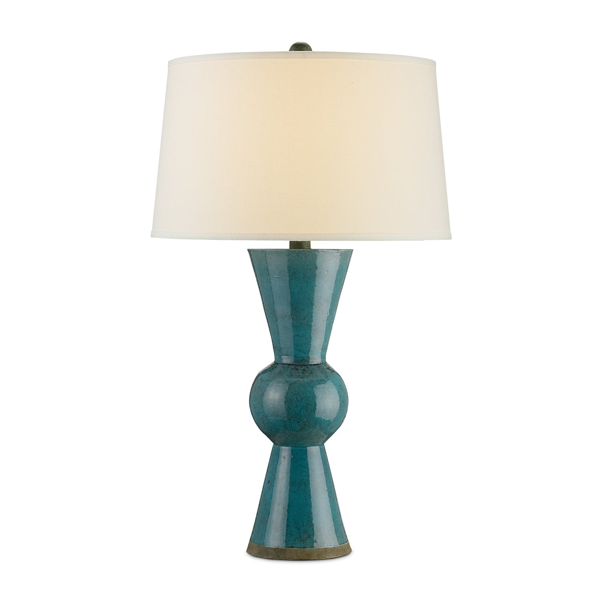 Upbeat Teal – ceramiczna lampa stołowa w odcieniu morskim, kute żelazo i lniany abażur