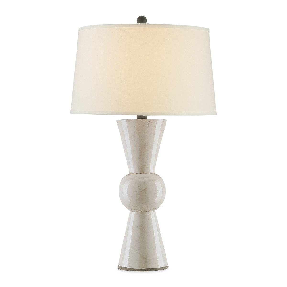 Upbeat White – ceramiczna lampa stołowa antyczna biel, kute żelazo i lniany abażur