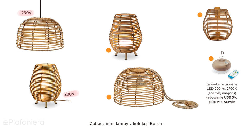 Rattanowa lampa wisząca tarasowa boho Bossa Newgarden + ładowarka