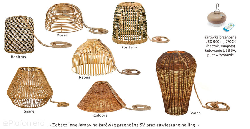 Rattanowa lampa wisząca tarasowa boho Bossa Newgarden + ładowarka