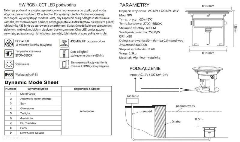 Reflektor kierunkowy, lampa ogrodowa do fontanny IP 68 (9W, RGB+2700K-6500K) (system 12V LED) Domi