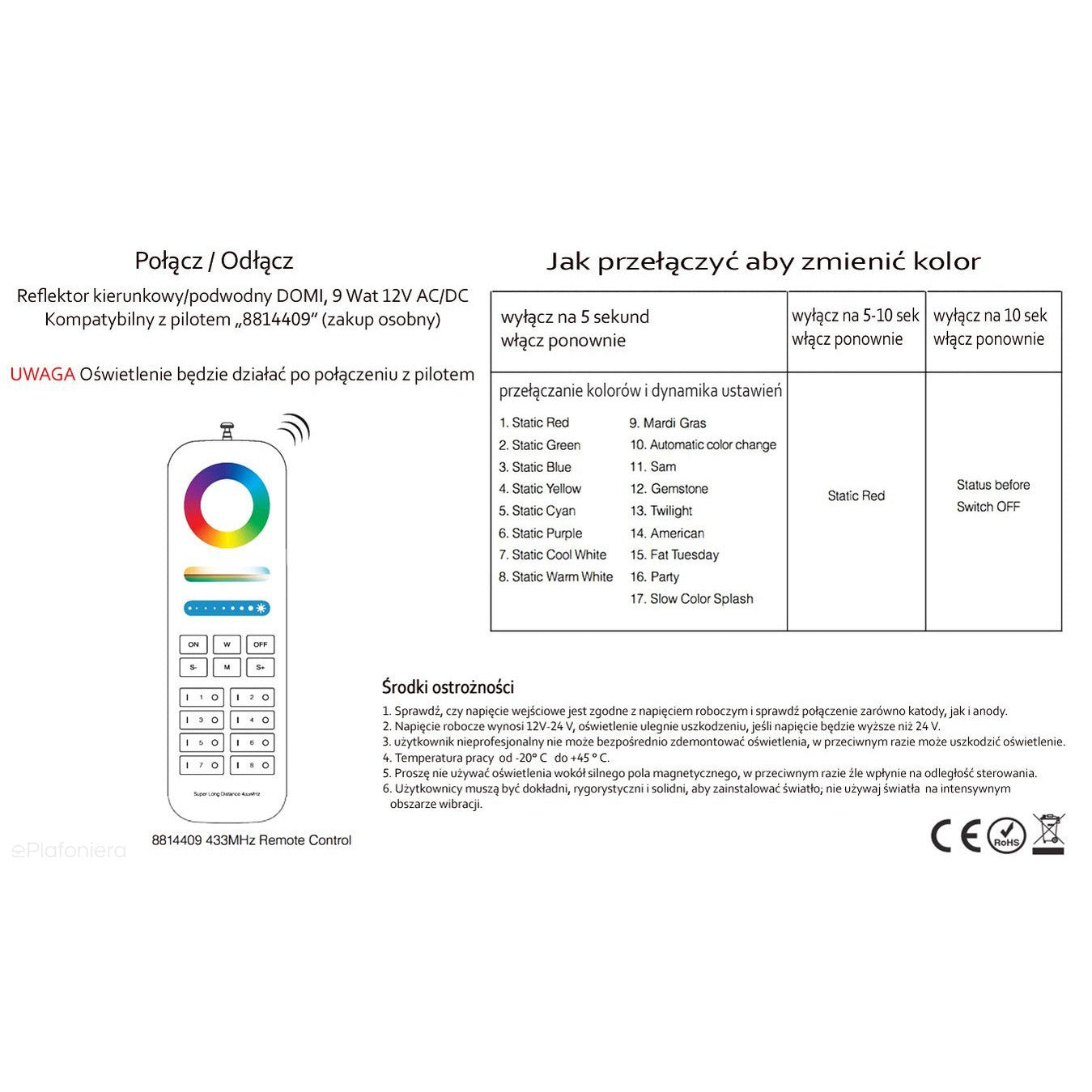 Reflektor kierunkowy, lampa ogrodowa do fontanny IP 68 (9W, RGB+2700K-6500K) (system 12V LED) Domi