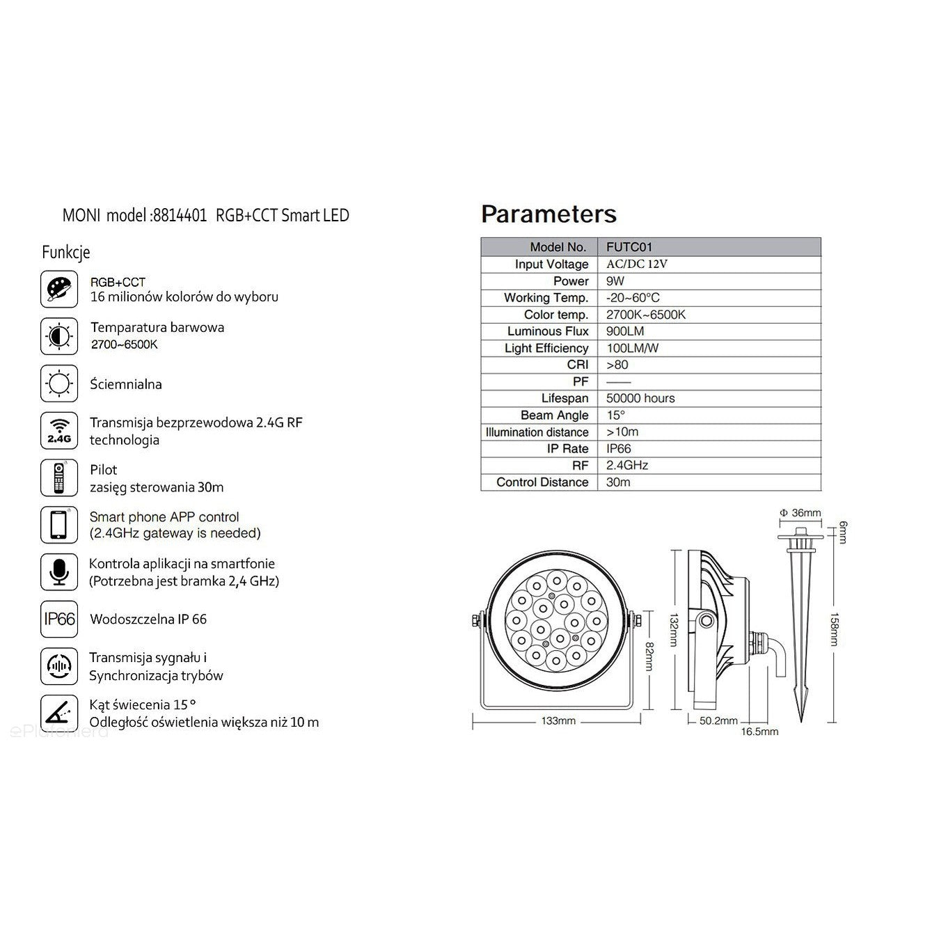 Reflektor kierunkowy, lampa ogrodowa zewnętrzna IP 66 (9W, RGB + 2700K-6500K) (system 12V LED) Moni