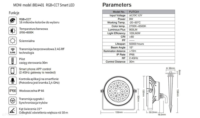 Reflektor kierunkowy, lampa ogrodowa zewnętrzna IP 66 (9W, RGB + 2700K-6500K) (system 12V LED) Moni