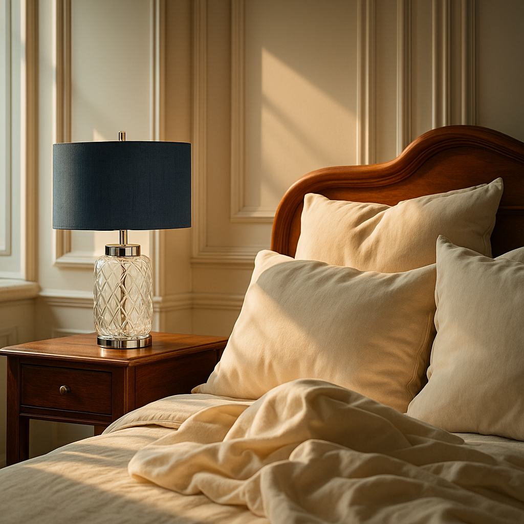 Lampa stołowa Sola - Niebieski jedwabny abażur