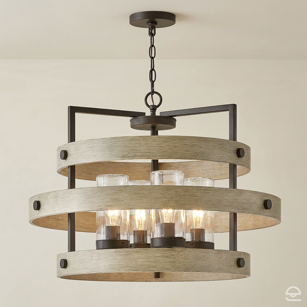 Riverwood – żyrandol z drewna jesionowego i szkła bąbelkowego