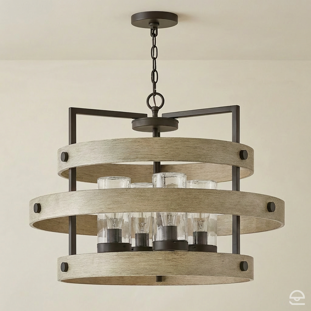 Riverwood – żyrandol z drewna jesionowego i szkła bąbelkowego