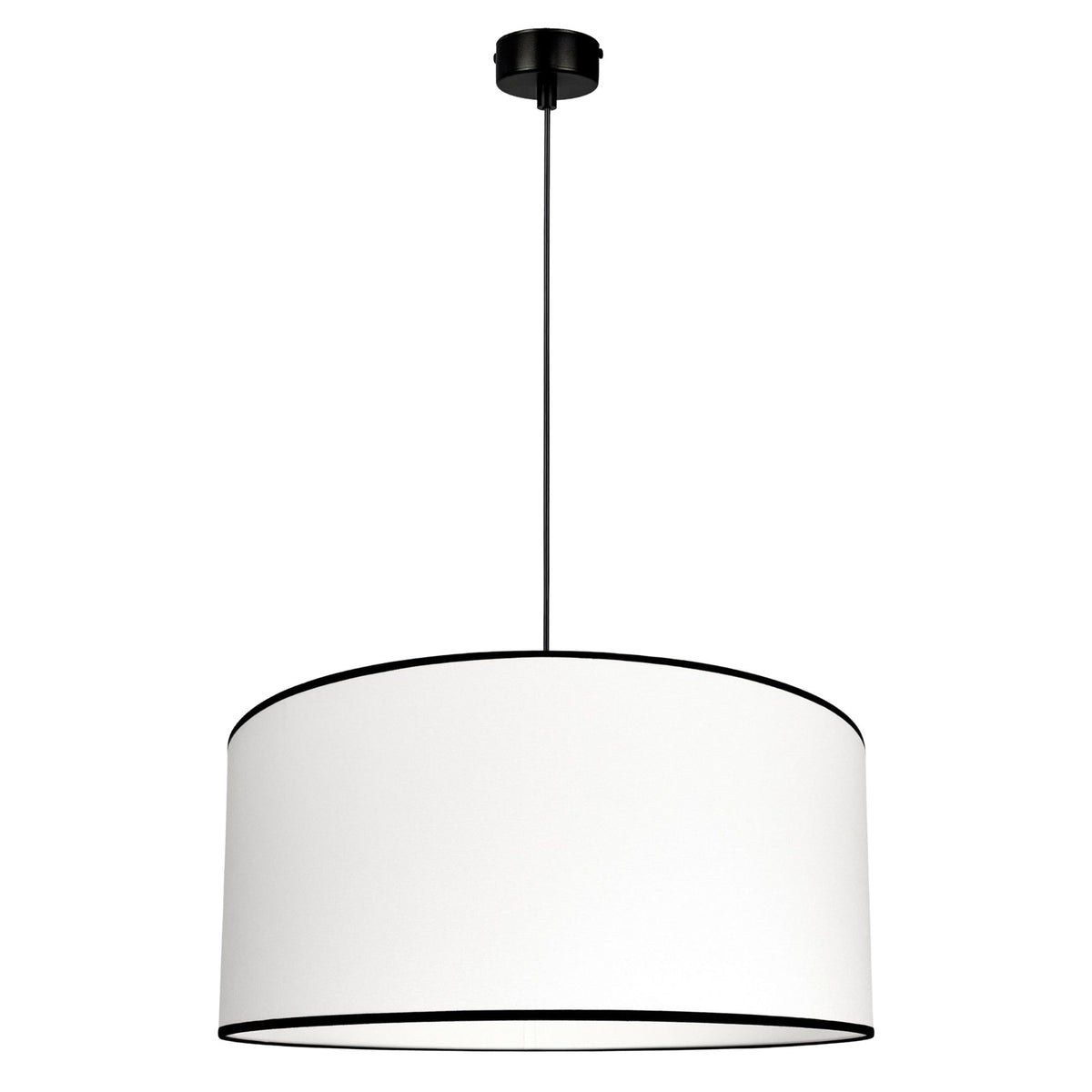 Base – lampa wisząca z białej bawełny z czarną lamówką