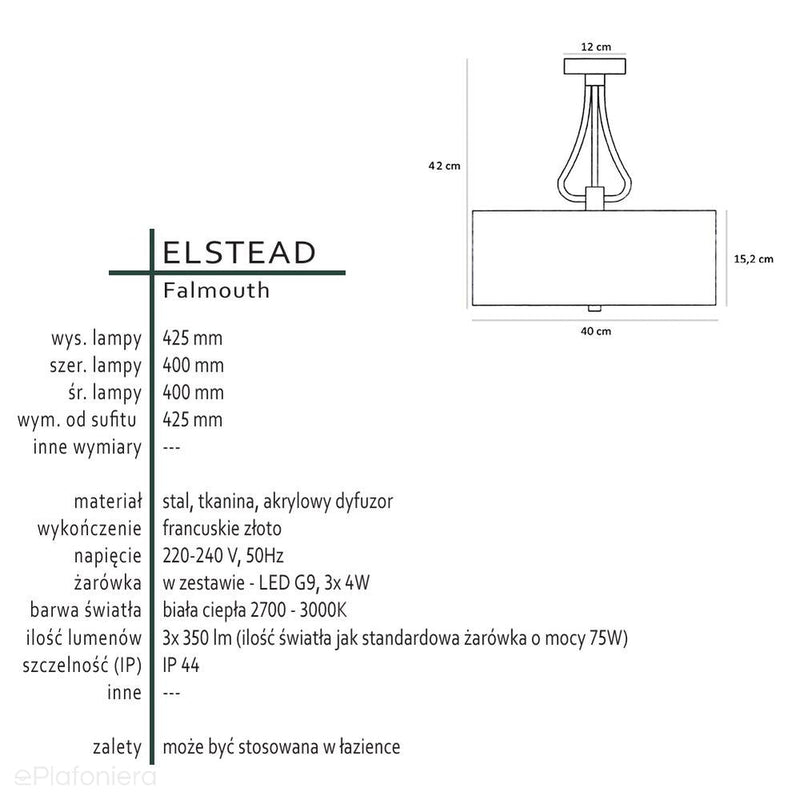 Romantyczna lampa wisząca (biała, złota) sufitowa do łazienki sypialni salonu  (G9 3x4W) Elstead (Falmouth)