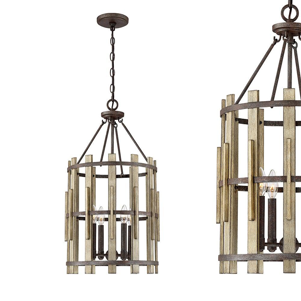 Rustykalna lampa wisząca Wood do pokoju / salonu / jadalni (drewno, metal) - Quoizel, 38cm, 4xE14