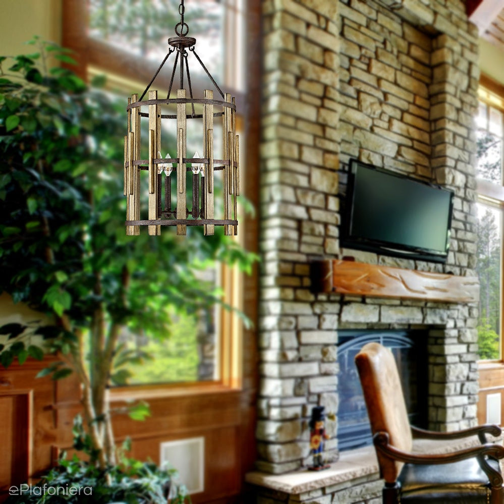 Rustykalna lampa wisząca Wood do pokoju / salonu / jadalni (drewno, metal) - Quoizel, 38cm, 4xE14