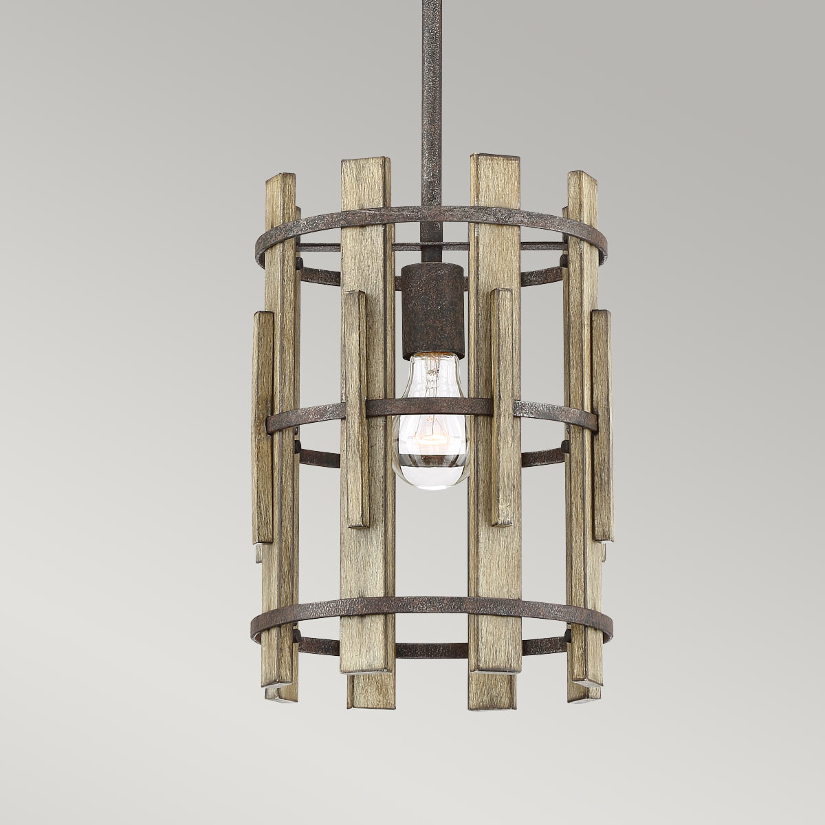 Rustykalna lampa wisząca Wood (drewno, metal) - Quoizel, 23cm / 1xE27