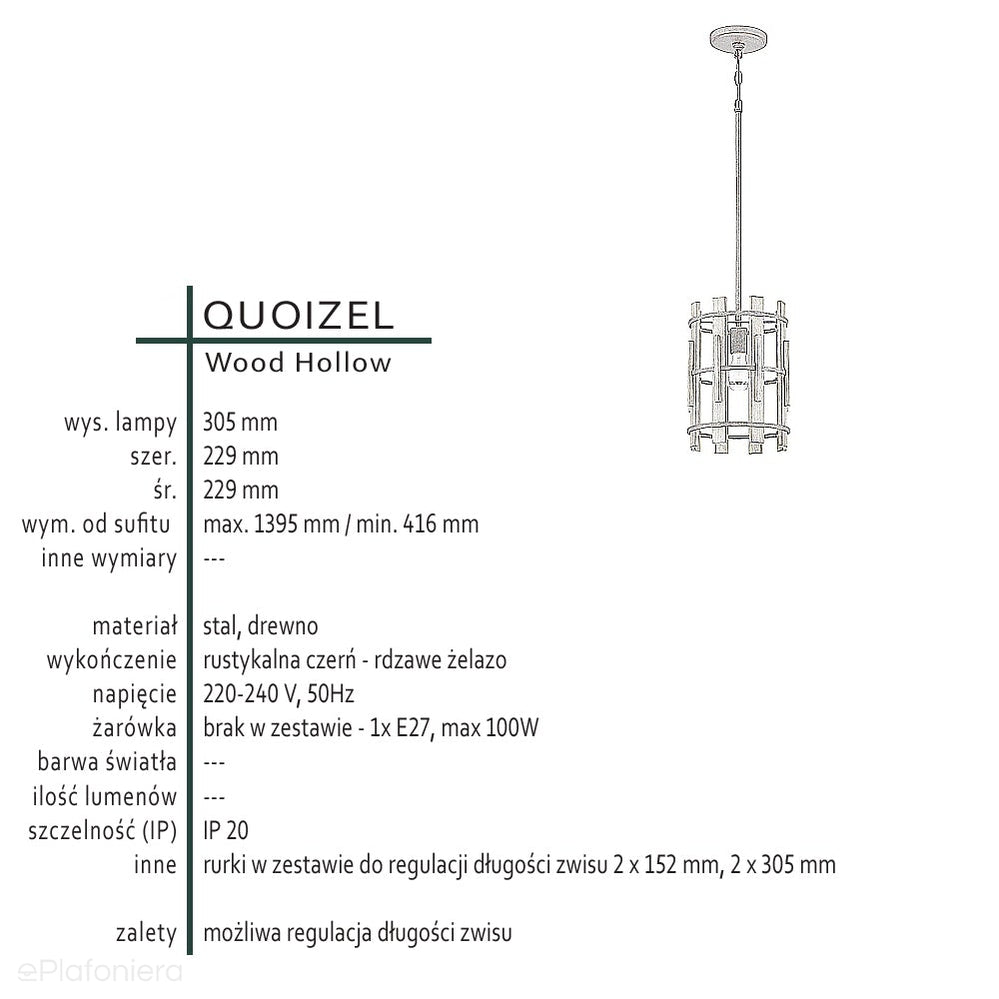 Rustykalna lampa wisząca Wood (drewno, metal) - Quoizel, 23cm / 1xE27