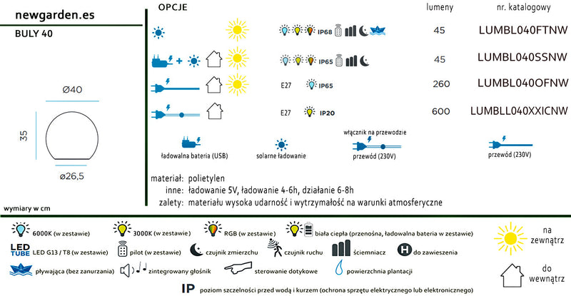 Solarna kula ogrodowa Buly / pływająca z IP68 40 cm - Newgarden