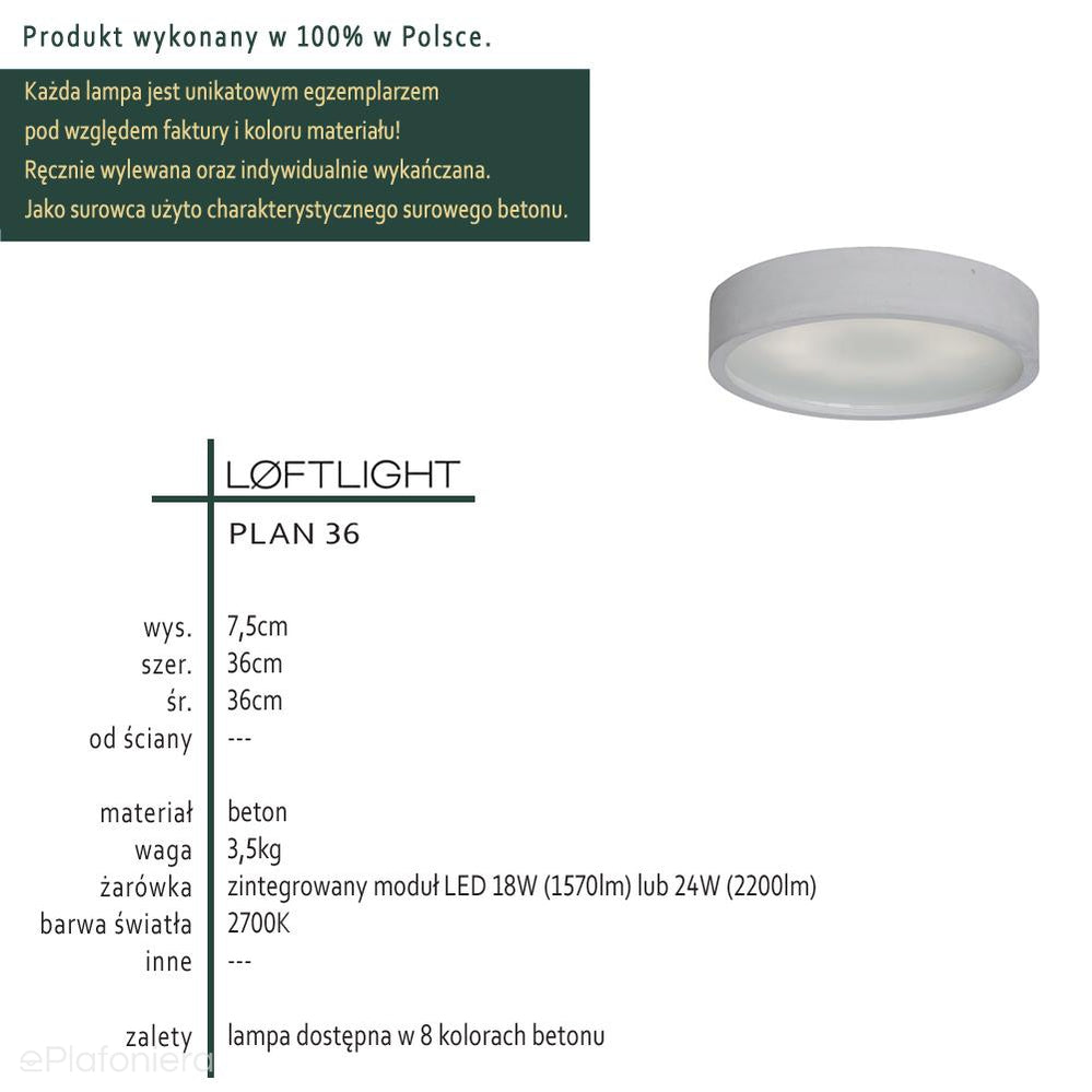 Sufitowa lampa betonowa LED - plafoniera 36cm (18W lub 24W) do salonu kuchni (Plan 36) Loftlight
