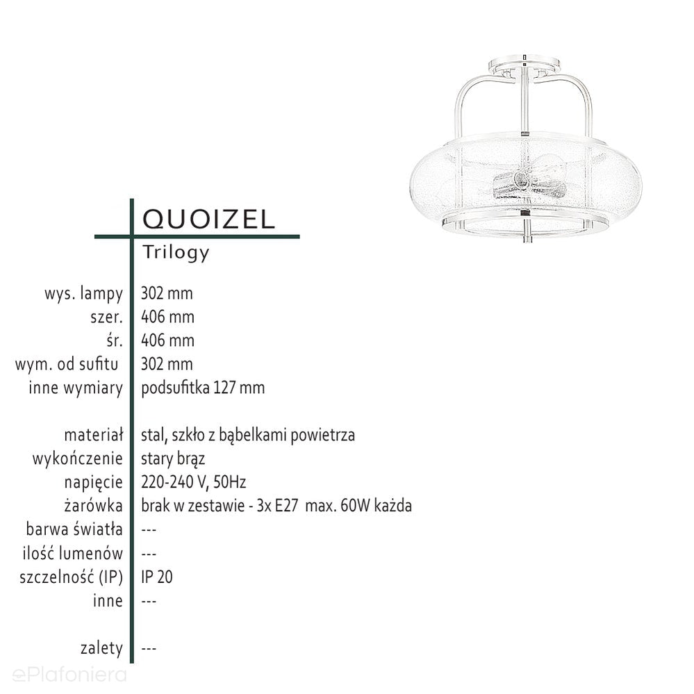Sufitowa lampa szklana 40cm (brąz, 3xE27) plafon do kuchni jadalni salonu Quoizel (Trilogy)