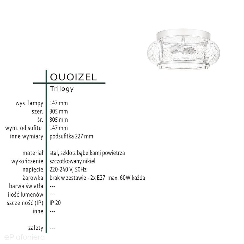 Sufitowa lampa szklana - plafon 30cm (nikiel, 2xE27) do kuchni jadalni salonu, Quoizel (Trilogy)