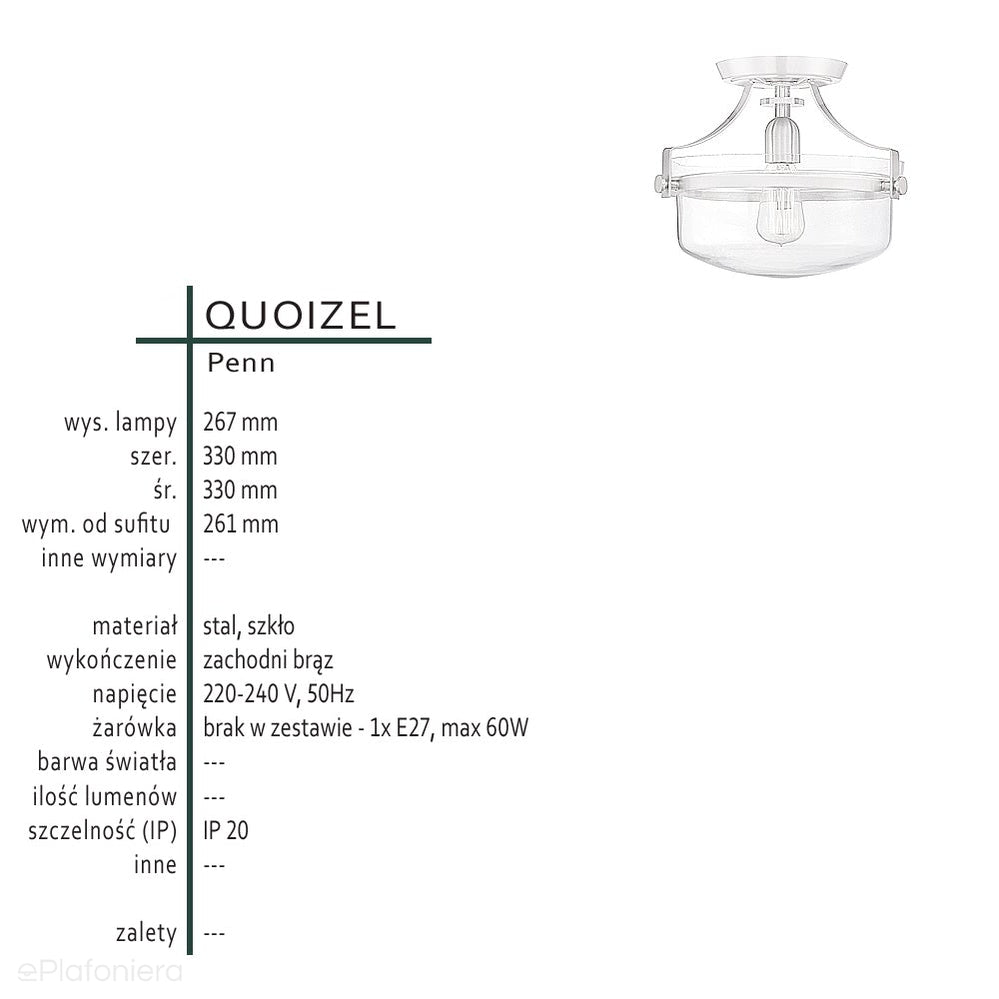 Szklana lampa (brąz) sufitowa 33cm (1xE27) do kuchni sypialni salonu, Quoizel (Penn)
