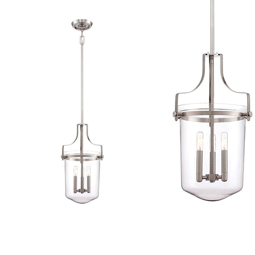 Szklana lampa wisząca Penn (szczotkowany nikiel) do jadalni / kuchni - Quoizel, 33cm (świecznik 3xE14)