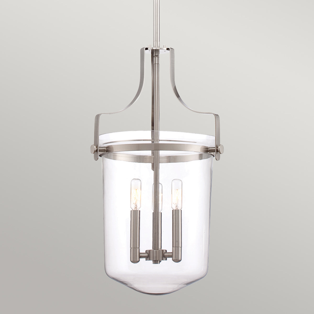 Szklana lampa wisząca Penn (szczotkowany nikiel) do jadalni / kuchni - Quoizel, 33cm (świecznik 3xE14)