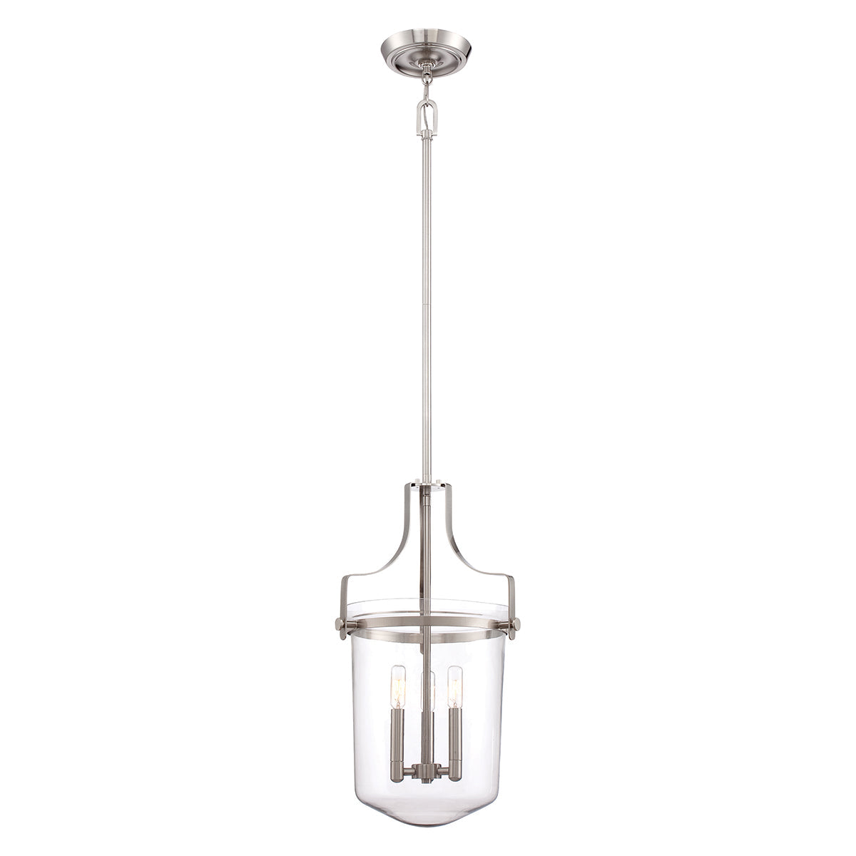 Szklana lampa wisząca Penn (szczotkowany nikiel) do jadalni / kuchni - Quoizel, 33cm (świecznik 3xE14)