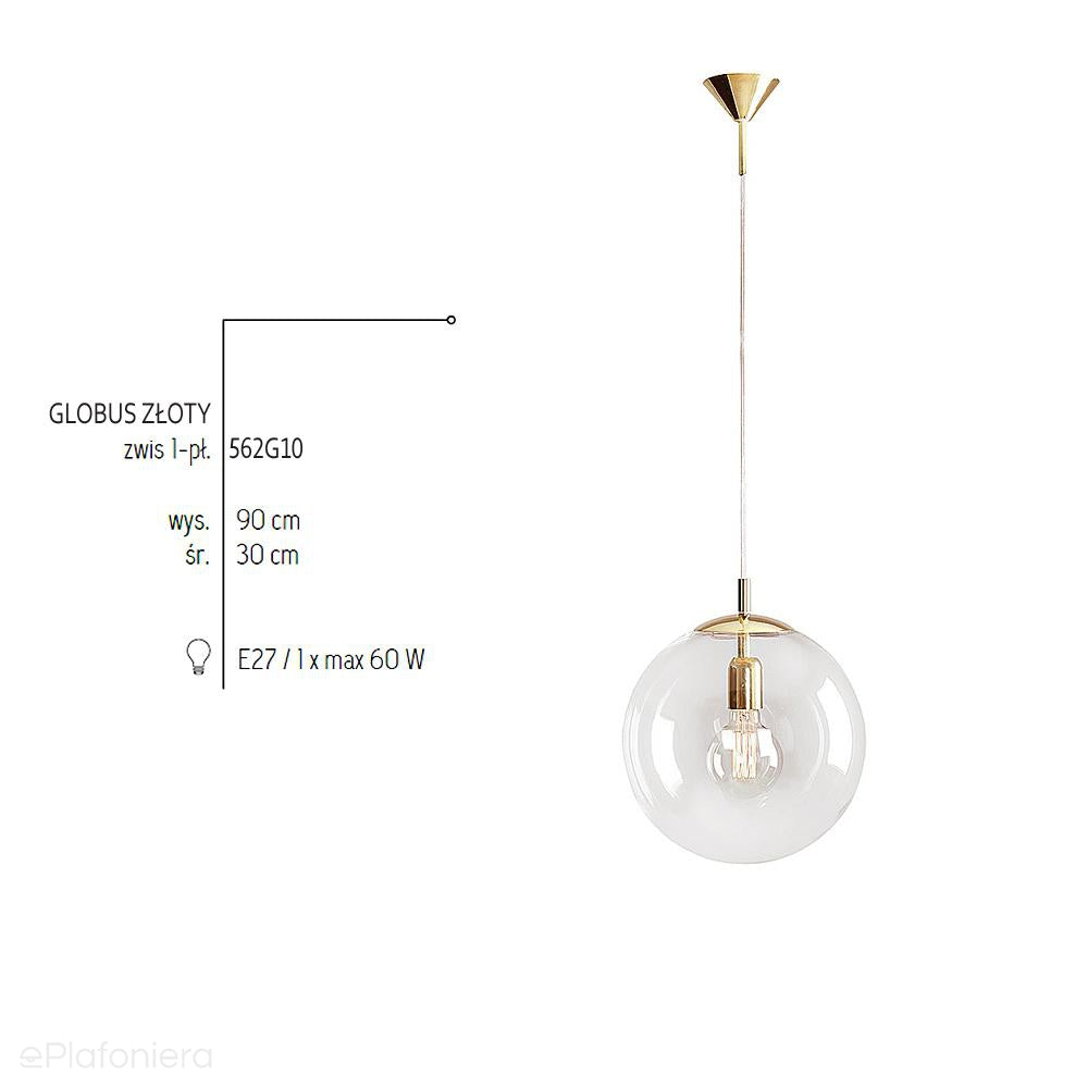 Szklana lampa wisząca, pojedyncza przezroczysta kula 1xE27 (złote zawiesie) Aldex (Globus) 562G10 - ePlafoniera