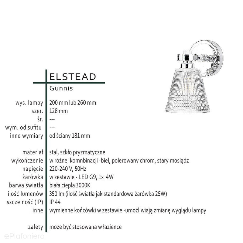 Szklany kinkiet Gunnis góra / dół do łazienki - Elstead, polerowany chrom / mosiądz (G9 1x4W, IP44)