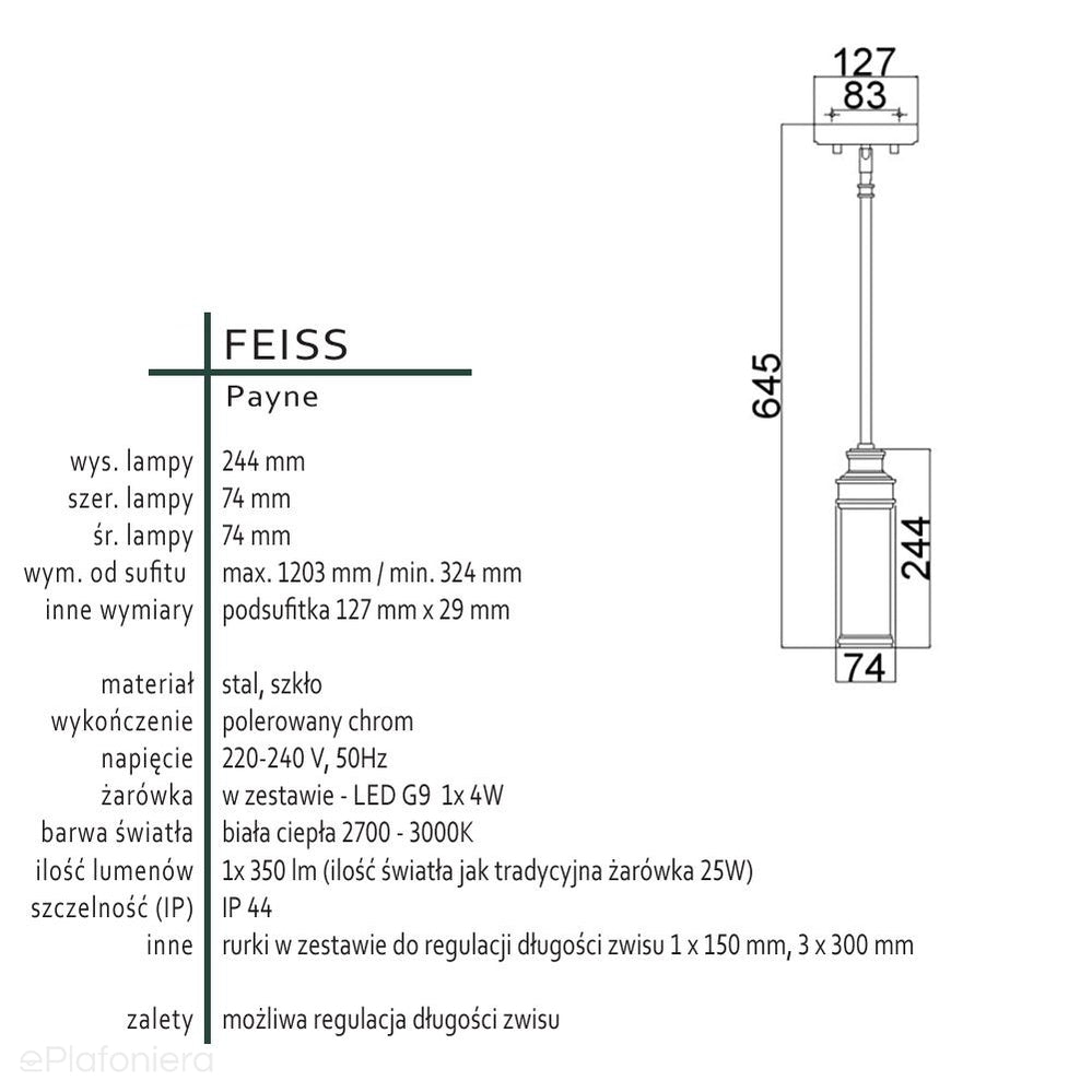 Szkło - polerowany chrom, lampa wisząca 74cm, do łazienki (G9 1x4W) Feiss (Payne)