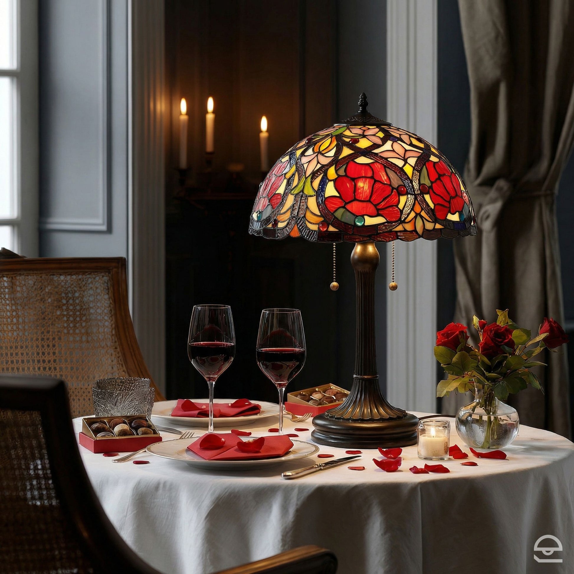 Tiffany - lampa stołowa Larissa ze szkłem witrażowym, ręcznie wykonana, Quoizel